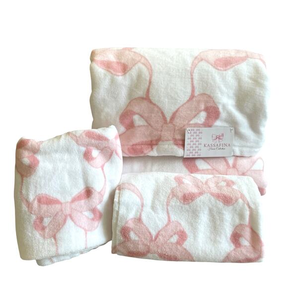 Kassafina Coquette Pink Bow Hand & Bath Towel 4PC Set 100% Cotton White NEW - Picture 14 of 15
